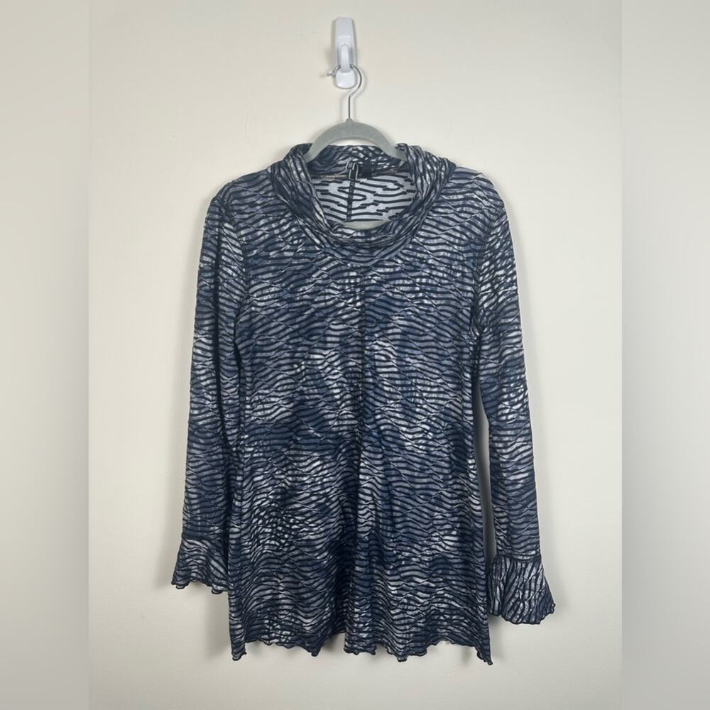Sno Skins Tunic Blouse Women‎ Large Blue Black Excellent Bell Sleeve Cowl Neck